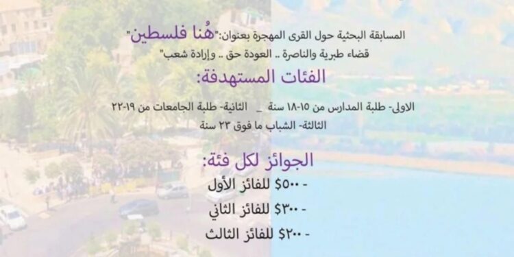 فلسطين.. “مؤسسة الشيخ حسن” تطلق مسابقة هُنا فلسطين لقضاءي طبرية والناصرة تحت شعار “العودة حقٌّ .. وإرادة شعب”.