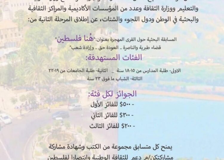 فلسطين.. “مؤسسة الشيخ حسن” تطلق مسابقة هُنا فلسطين لقضاءي طبرية والناصرة تحت شعار “العودة حقٌّ .. وإرادة شعب”.