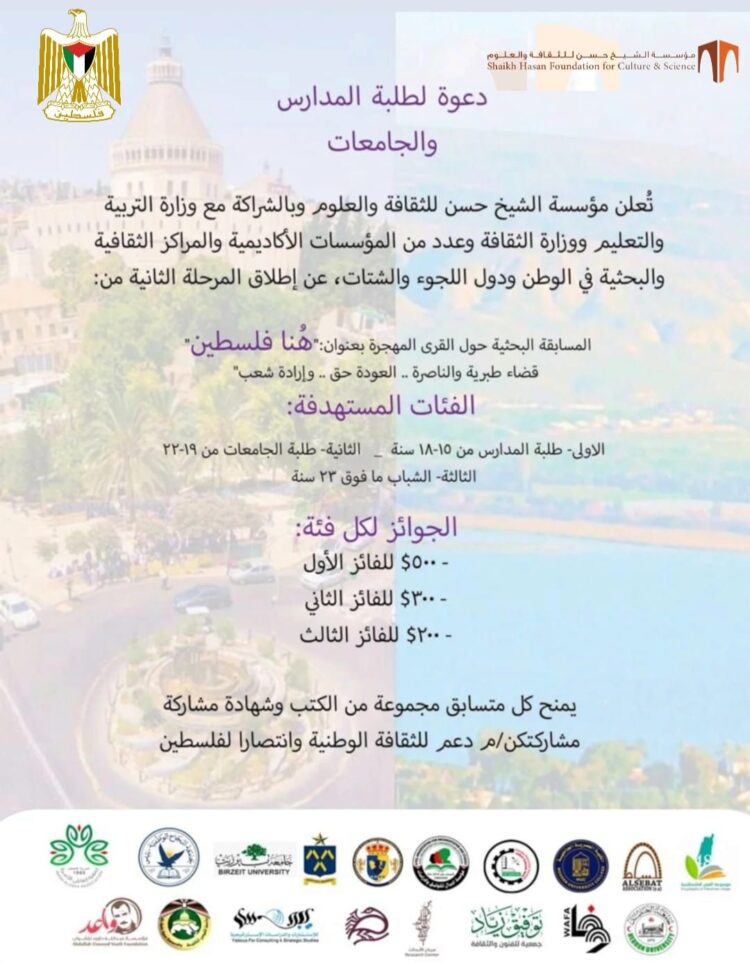 فلسطين.. “مؤسسة الشيخ حسن” تطلق مسابقة هُنا فلسطين لقضاءي طبرية والناصرة تحت شعار “العودة حقٌّ .. وإرادة شعب”.