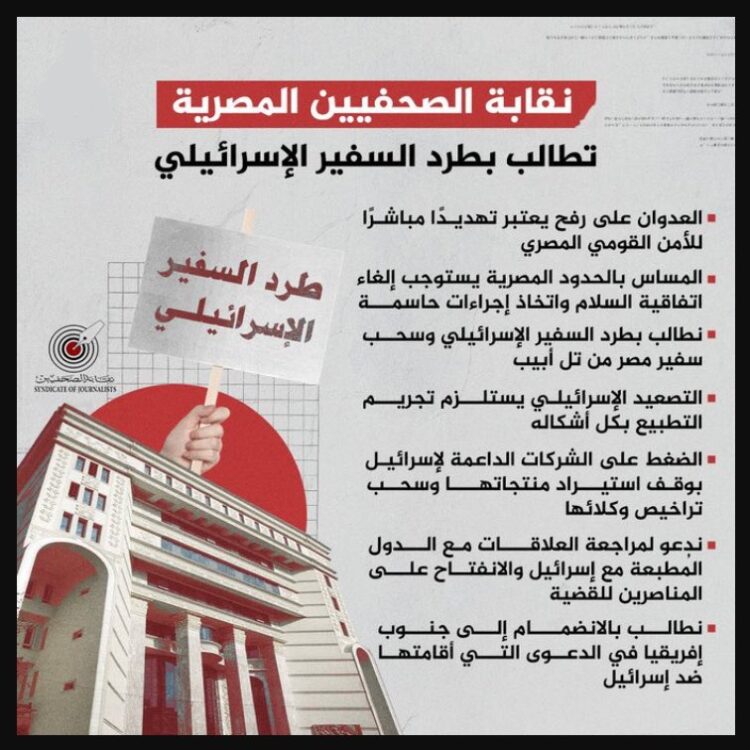 مطالب نقابة الصحافيين المصرية: تجريم التطبيع وسحب السفراء…