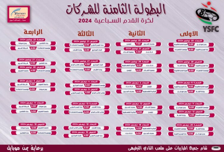 اليمن.. الأربعاء القادم انطلاق بطولة الشركات الثامنة لكرة القدم السباعية