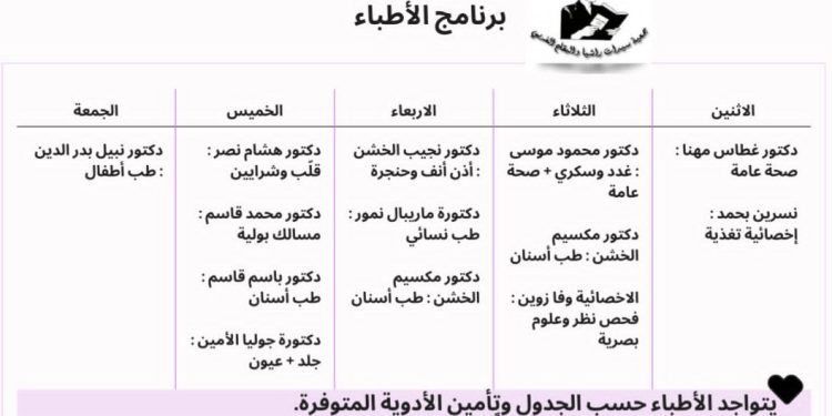 مواعيد الأطباء وتخصصاتهم في المركز الطبي لـ”سيدات راشيا”